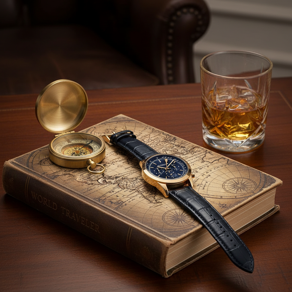 Stührling Rialto 3975L Quartz 44mm Chronograph Blue Dial / Rose Case / Blue Leather Strap Rose Gold Layered Tang Buckle