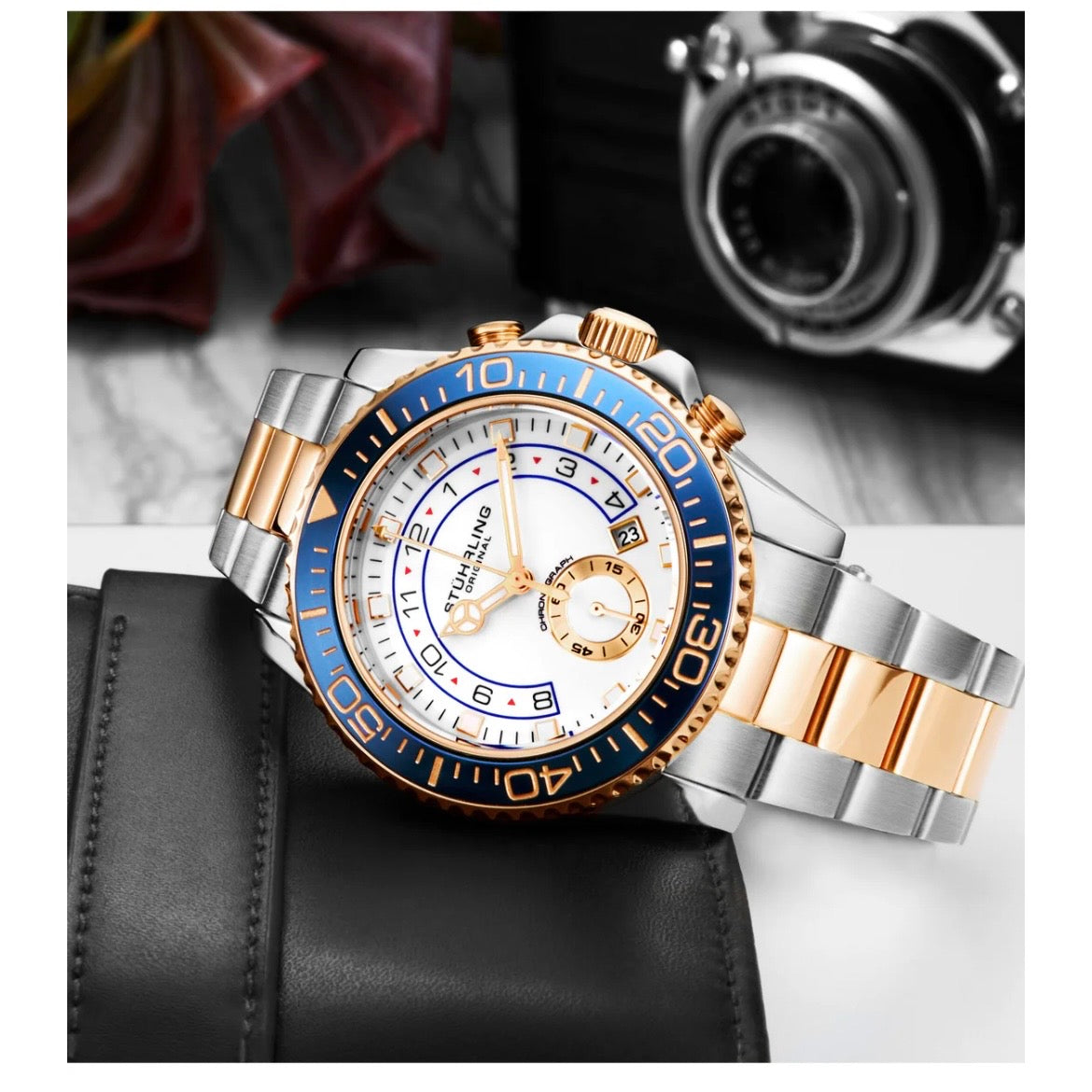 Stührling Brigadier Quartz 3966 Chronograph 42mm Diver 
White dial / blue bezel / 2 tone rose band