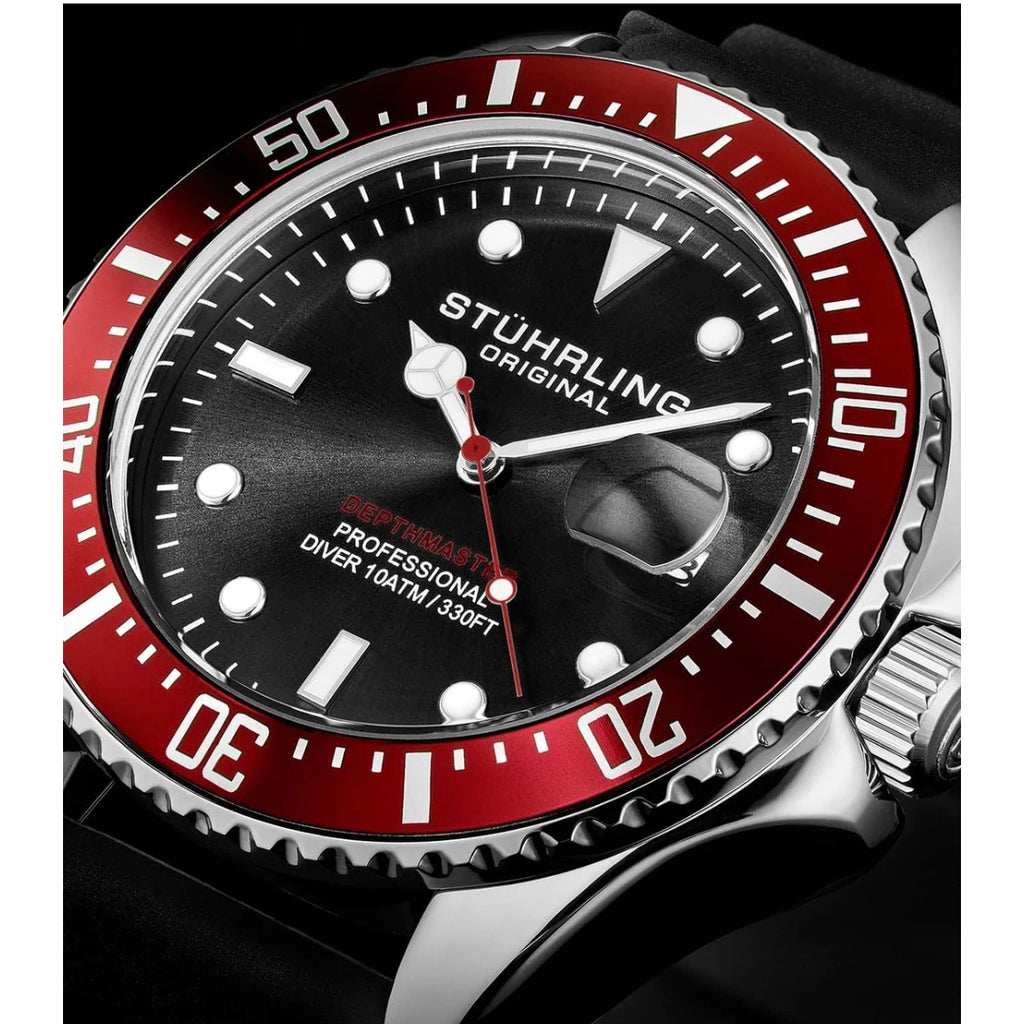 Stührling Pelagos 3950R Quartz 42mm Diver Red Black Dial/Silver Case/Black Rubber Strap 2