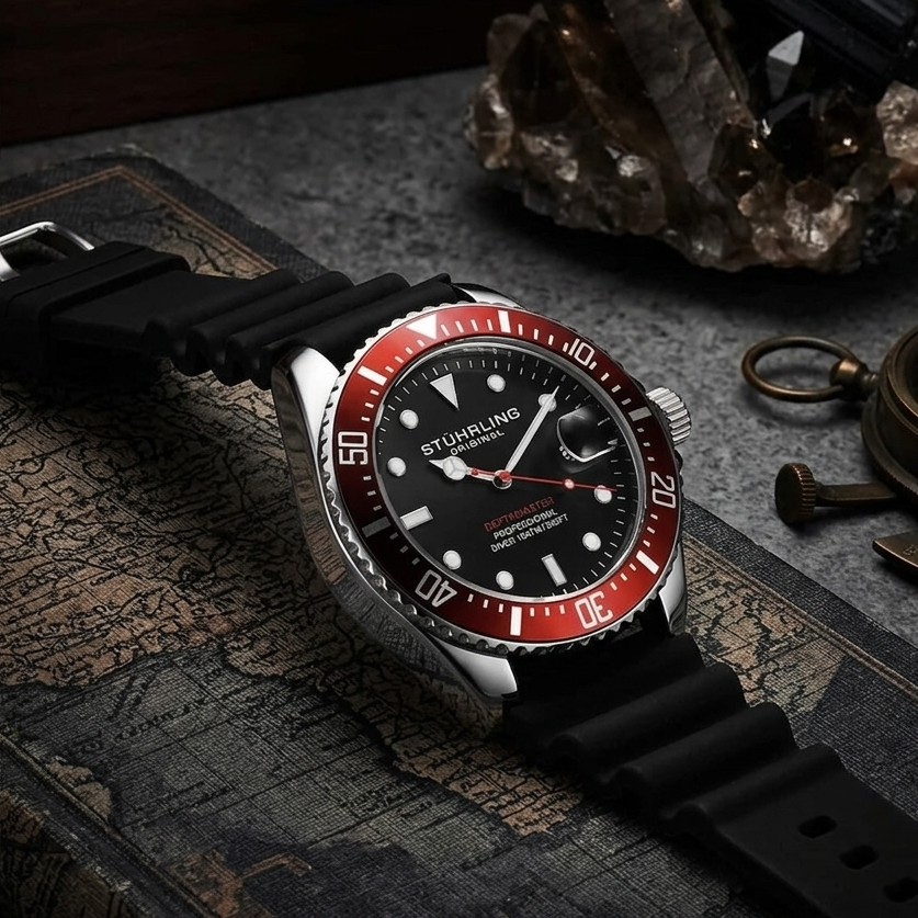 Stührling Pelagos 3950R Quartz 42mm Diver Red Black Dial/Silver Case/Black Rubber Strap 2