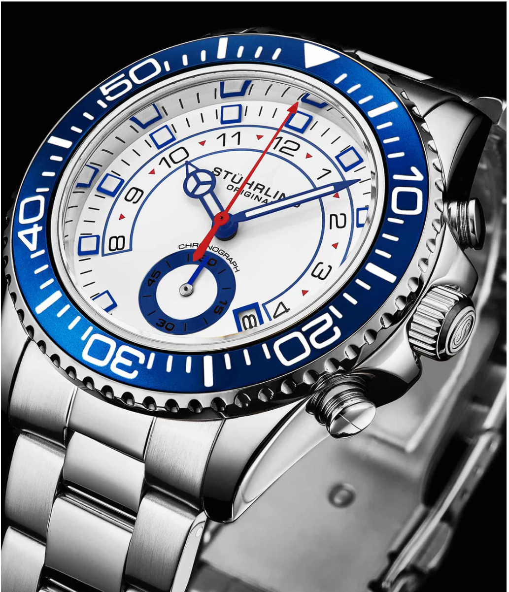 Stührling Brigadier Quartz 3966 Chronograph 42mm Diver White dial / blue bezel