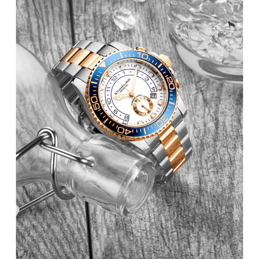 Stührling Brigadier Quartz 3966 Chronograph 42mm Diver 
White dial / blue bezel / 2 tone rose band