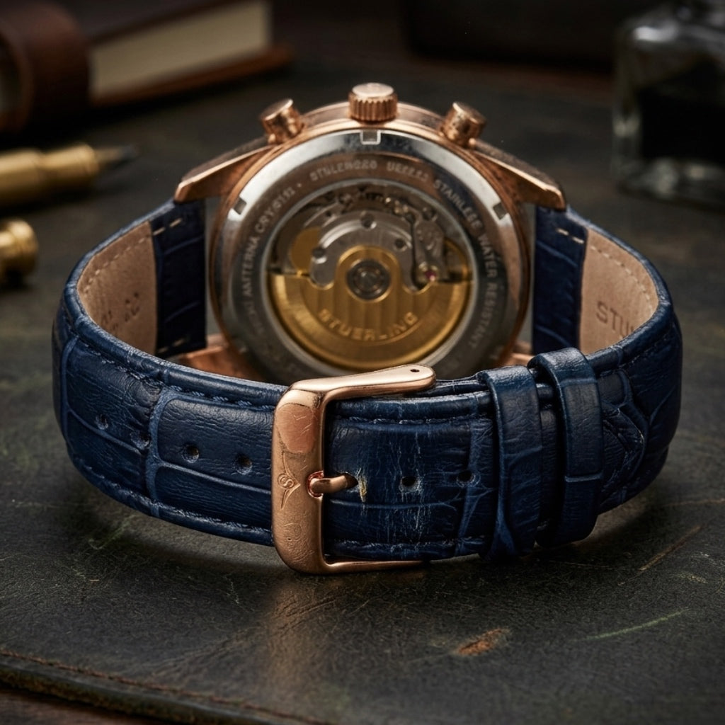 Stührling Rialto 3975L Quartz 44mm Chronograph Blue Dial / Rose Case / Blue Leather Strap Rose Gold Layered Tang Buckle