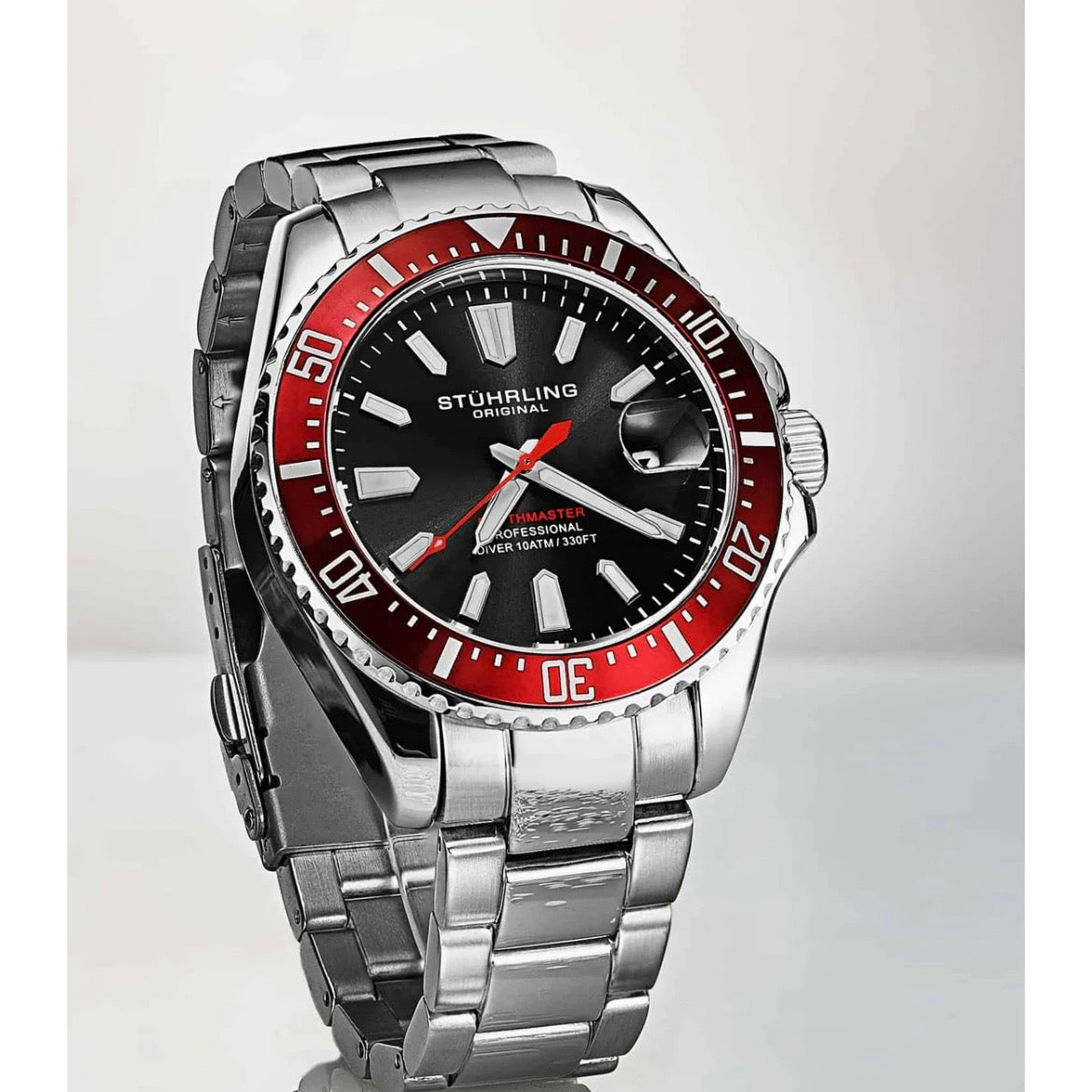 Stührling Depthmaster 3950A Quartz 42mm Diver Red Black Dial/Silver Case/Silver Bracelet 2