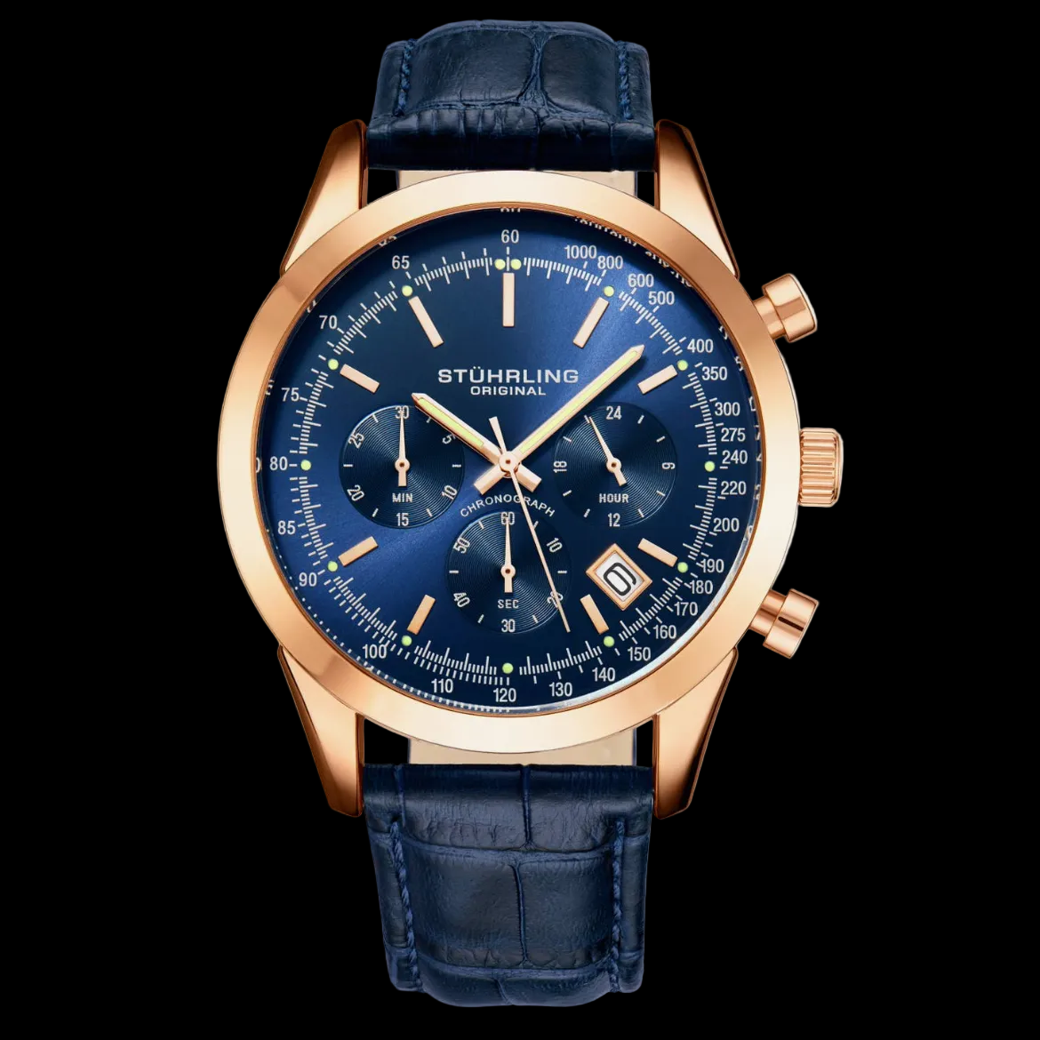 Stührling Rialto 3975L Quartz 44mm Chronograph Blue Dial / Rose Case / Blue Leather Strap Rose Gold Layered Tang Buckle