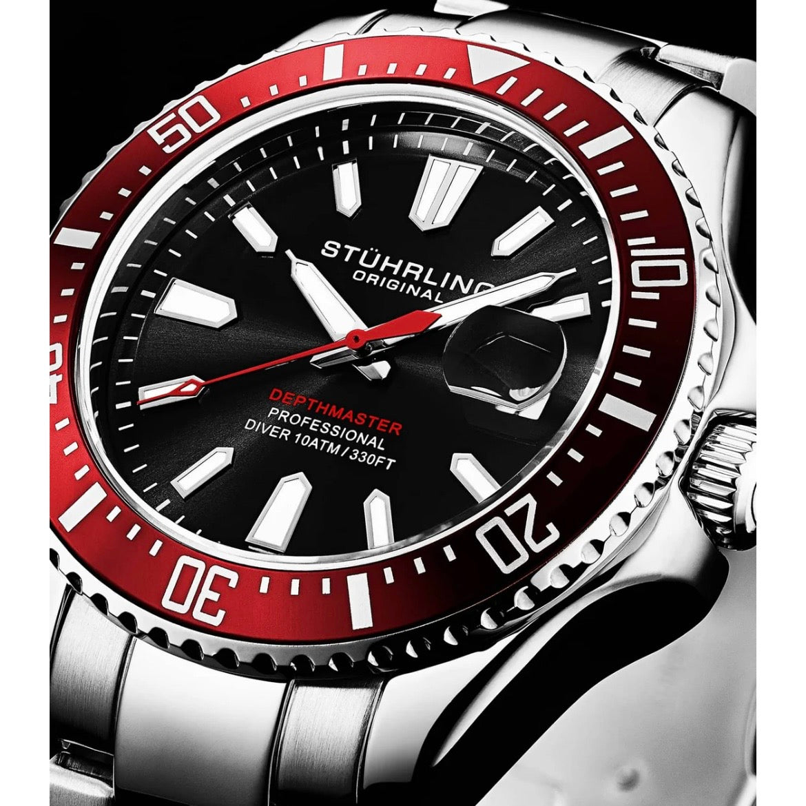 Stührling Depthmaster 3950A Quartz 42mm Diver Red Black Dial/Silver Case/Silver Bracelet 2