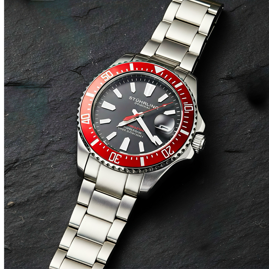 Stührling Depthmaster 3950A Quartz 42mm Diver Red Black Dial/Silver Case/Silver Bracelet 2