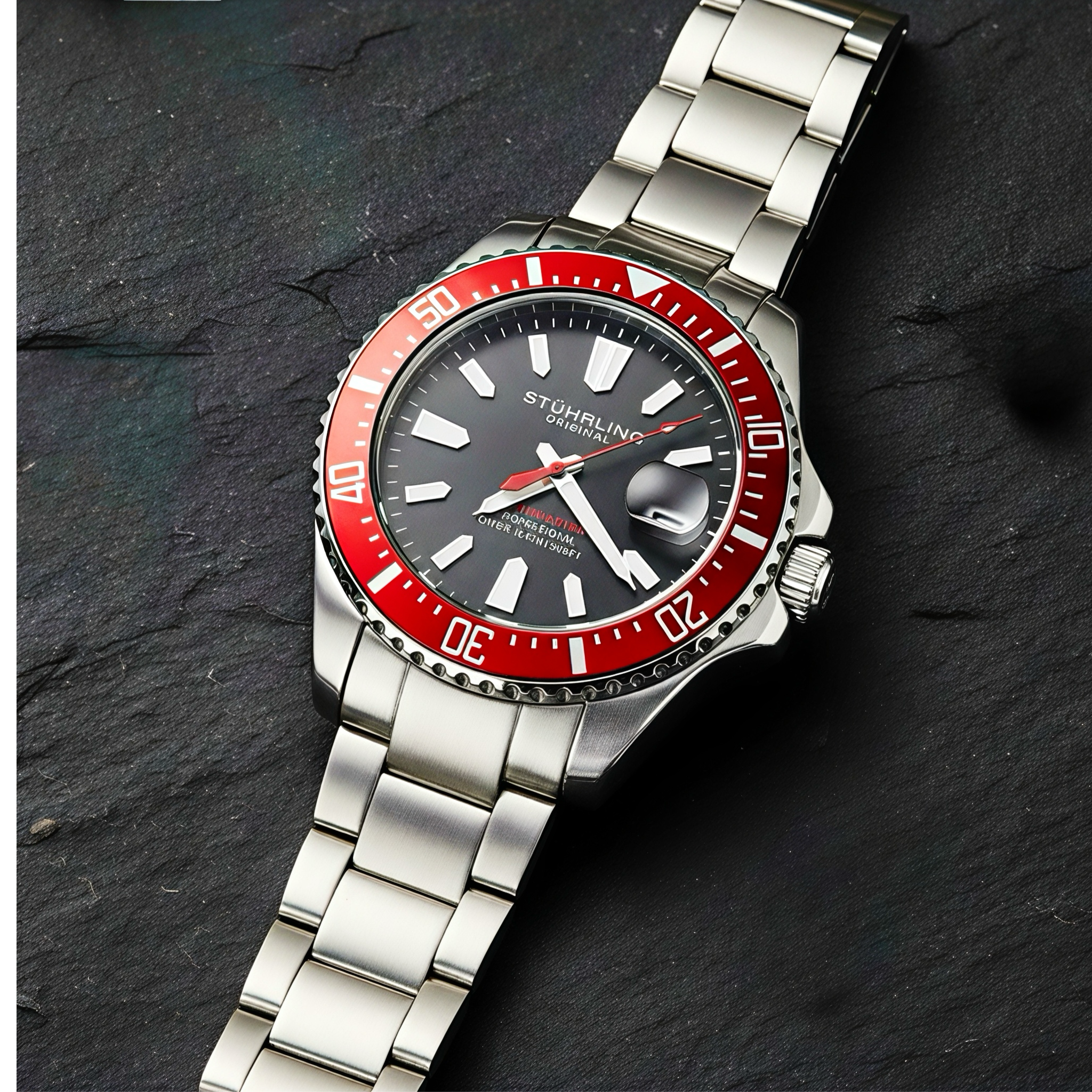 Stührling Depthmaster 3950A Quartz 42mm Diver Red Black Dial/Silver Case/Silver Bracelet 2
