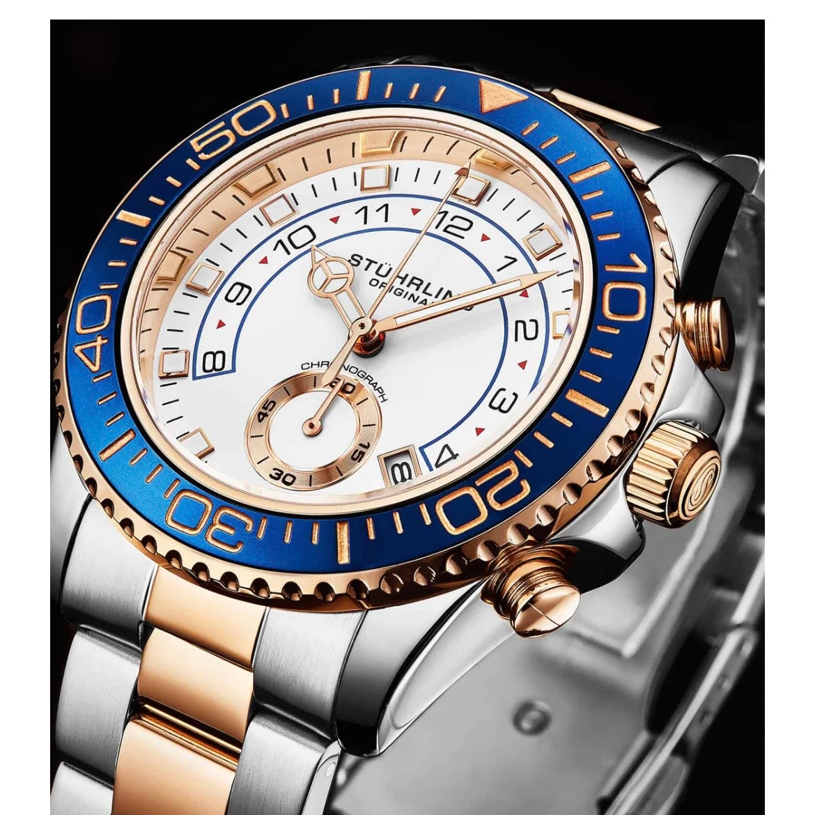 Stührling Brigadier Quartz 3966 Chronograph 42mm Diver 
White dial / blue bezel / 2 tone rose band