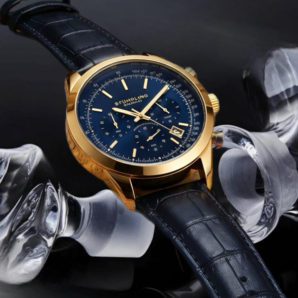 Stührling Rialto 3975L Quartz 44mm Chronograph Blue Dial / Rose Case / Blue Leather Strap Rose Gold Layered Tang Buckle