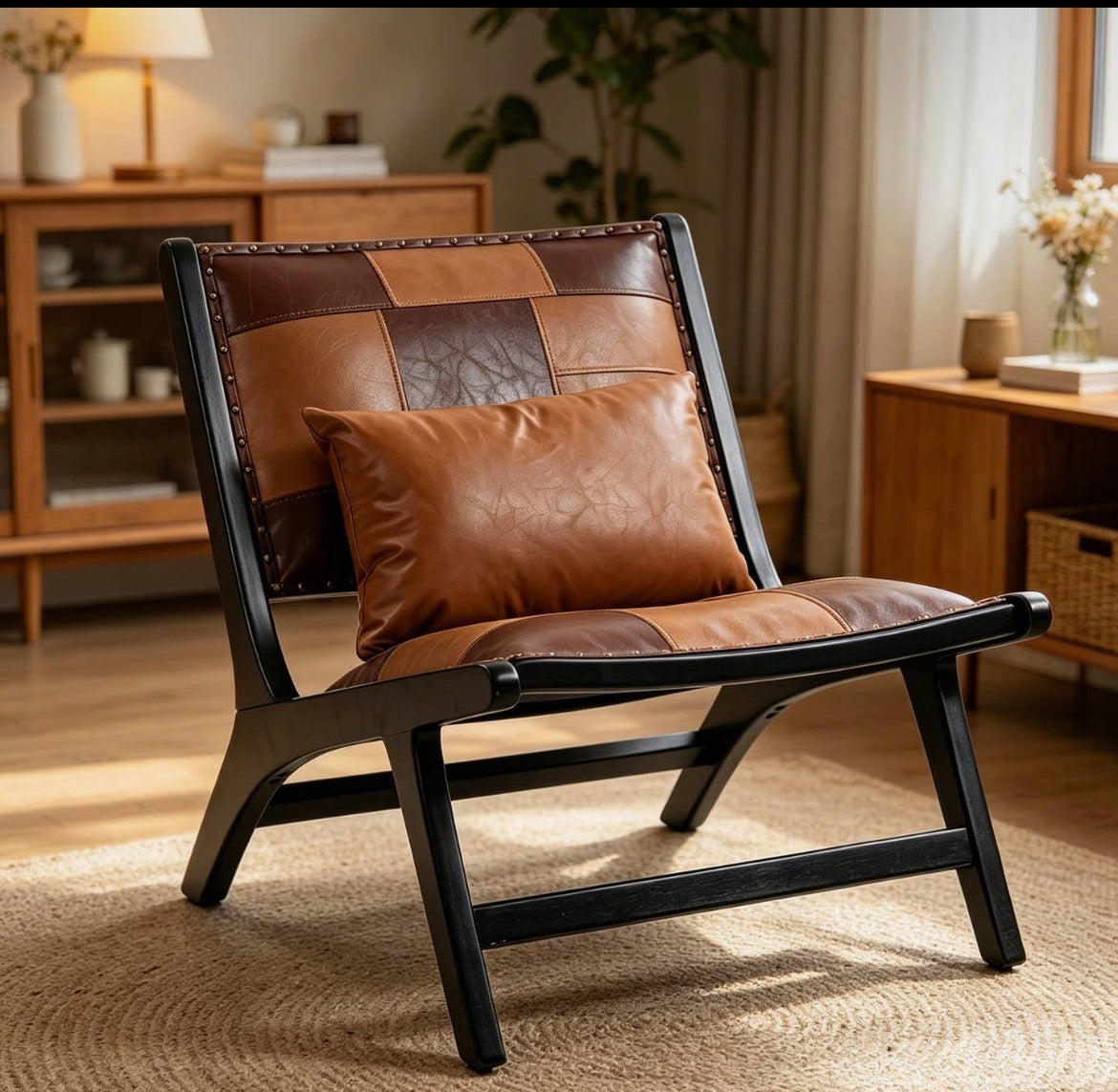 Modern Boho Accent Chair with Pu Leather and Wood Frame