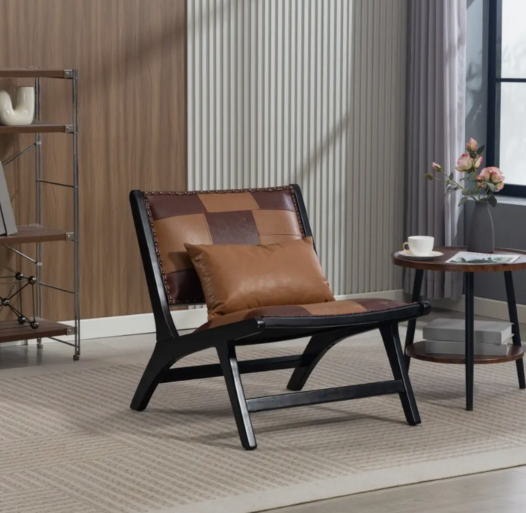 Modern Boho Accent Chair with Pu Leather and Wood Frame